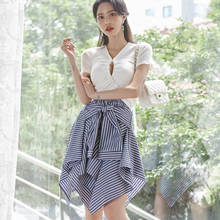 New Two-Piece Set 2021 Summer Clothing Korea Style Temperament Sexy Drawstring Knit Top Fashion Striped Skirt Female Outfits 2024 - buy cheap