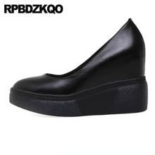 Genuine Leather Shoes Women Platform Slip On Super Wedge Extreme High Heels Black Pumps Round Toe Ultra Hidden Size 33 Casual 2024 - buy cheap