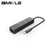 Amkle USB C 3.1 to RJ45 Gigabit Ethernet 1000Mbps LAN Adapter 3USB 3.0 Ports Type C Hub with Holder For Macbook Notebook 2024 - buy cheap