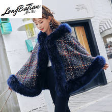 Poncho de talla grande para mujer, capa holgada con cuello grande de piel de zorro, ponchos y capas informales con capucha, prendas de vestir de Tweed, invierno, 2020 2024 - compra barato