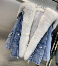 2021 jaqueta de inverno das mulheres casaco de pele real parka real grande gola de pele de raposa rex rabbiot forro de pele bombardeiro jaqueta jeans streetwear 2024 - compre barato