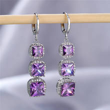 Brincos luxuosos femininos, pedra de cristal roxo, cor de prata clássica, brincos de argola, dainty, arco-íris, brincos quadrados para casamento para mulheres 2024 - compre barato