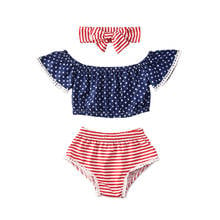 Independence day 6M-3Years Infant Baby Girls US Flag Clothes Sets 3pcs Off Shoulder Ruffles Sleeve T Shirts Tops+Shorts+Headband 2024 - buy cheap