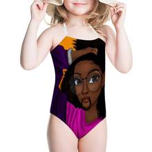 HYCOOL-bañador de lazo para niña, traje de baño de una pieza con patrón de pelo africano negro para adolescente, ropa de baño para niña pequeña, ropa de playa 2024 - compra barato
