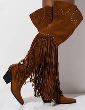 Botas femininas de couro preto e com rebites e borlas, botas altas da coxa com salto largo e franja marrom 2024 - compre barato