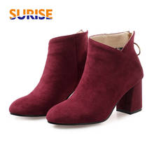 Winter Women Ankle Boots 7cm High Square Chunky Heels Black Red Flock Casual Party Office Lady Round Toe Ring Zipper Short Boots 2024 - buy cheap