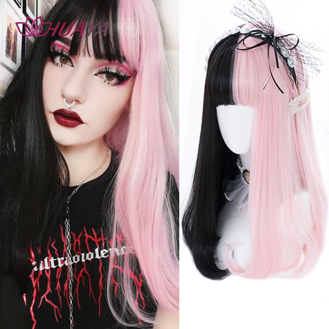 Huaya Synthetic Long Straight Half Black Half Pink Wig Lolita Cosplay Wig Heat Resistant Girl S Daily Party With Bangs Wig Buy Cheap In An Online Store With Delivery Price Comparison Specifications
