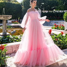 Muslim Pink Tulle Off the Shoulder Prom Dress Formal Evening Party Gowns Vestido De Festa Full Puffy Sleeves Robe De Soiree 2021 2024 - buy cheap