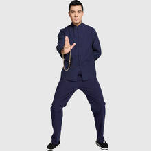 Jaqueta e calças tamanhos grandes chinês masculino sólido kung fu terno 100% algodão solto wu shu tai chi define novo azul marinho 2024 - compre barato