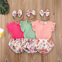 Infant Baby Girl Cotton Clothes 0-24M 3Pcs Summer Outfits Baby Girls Ribbed Ruffle Sleeve T-shirt Tops+Printed PP Ruffle Shorts 2024 - buy cheap