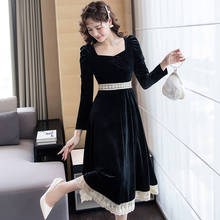 COIGARSAM Autumn Vintage Women dress French Style Long Sleeve Solid Dresses Black 8185 2024 - buy cheap