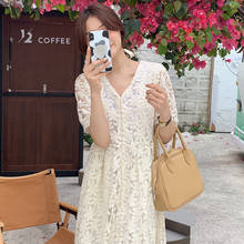 Elegant Flower Lace Flower Beige Long Shirt Dress 2021 Women Summer V Neck Single Breasted Midi Sundress 2024 - buy cheap