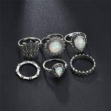 Conjunto de anéis vintage com pedra e meia-anéis femininos, joias antigas de lótus, opala, boho, presente de joias 2024 - compre barato