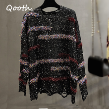 Qooth New Lurex Bling Sweaters Women Autumn O-neck Shiny Jumpers Hollow Out Sequin Sweater Knit Pullover Pull Mujer Femme qh2180 2024 - buy cheap