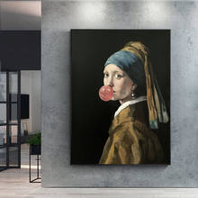 Wearing Pearl Earrings Girl Canvas Painting Blowing Pink Balloons Poster Print Wall Art Pictures for Living Room Home Wall Decor 2024 - buy cheap