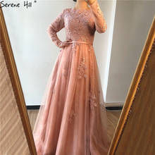Vestido muçulmano rosa, vestido de noite com laço de pescoço em o, mangas compridas, linha a, vestido formal gloss hiil ha2105 feito sob encomenda 2024 - compre barato