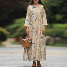 Johnature-vestidos de ramio Vintage para mujer, ropa holgada de estilo chino con cuello redondo y siete mangas, con botones, novedad de Primavera de 2021 2024 - compra barato