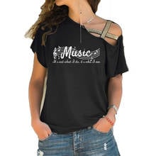 Camiseta feminina folgada com gola alta, camiseta feminina com notas musicais assimétricas 2024 - compre barato