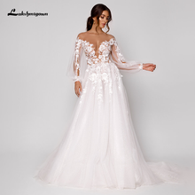 Lakshmogown A line Beach Wedding Dresses Elegant Boho Wedding Gowns with Long Sleeves 3D Floral Bridal Dress Vestido De Noiva 2024 - buy cheap