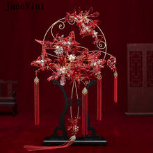 JaneVini Великолепный китайский свадебный букет вентилятор Тип искусственный красный принт с бабочками, цветочный жемчуг ленточки металлический вентилятор свадебные аксессуары 2024 - купить недорого