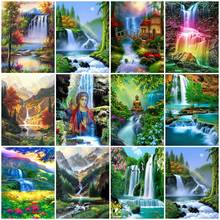 Azqsd 5d pintura diamante recém chegados cachoeira montanha artesanal presente diamante bordado paisagem mosaico decoração para casa 2024 - compre barato