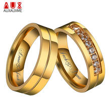 Auxauxme Trendy Ouro Alianças de Casamento Anéis para Mulheres Dos Homens do Presente do Amor-cor CZ Aço Inoxidável Promise Ring Couple Jóias 2024 - compre barato