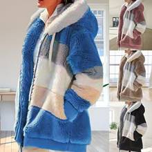 Women Autumn Winter Long Sleeve Color Block Zipper Fluff Hooded Warm Coat Jacket 2024 - buy cheap