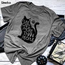 Camiseta con estampado de letras I LIKE CATS MORE what PEOPLE 2021, camisetas informales, Camiseta de cuello redondo, camisetas de talla 5XL para mujer 2024 - compra barato