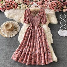 Vestido de verão feminino, doce vestido vintage francês, gola quadrada, dobras, vestido longo floral, cintura alta, manga curta, roupas, 2021 2024 - compre barato