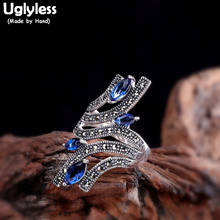 Uglyless персонализированные широкие открытые кольца для женщин тайские серебряные обтекаемые кольца с кристаллами настоящее серебро 925 серебро 925 пробы тонкие украшения R882 2024 - купить недорого