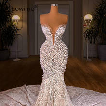 Dubai Ivory Pearls Mermaid Evening Dresses with Long Train Customise Haute Couture Formal Prom Party Gowns 2021 Robes De Soiree 2024 - buy cheap