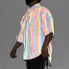 Personality oversized blouse ribbons colorful reflective shirt men night reflect light hip hop punk long shirts short sleeve top 2024 - buy cheap