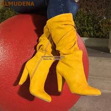 ALMUDENA Yellow Suede Spike Heel Knee Boots Elegant Zipped Pleated Tall Boots Women Fall Winter Dress Shoes Dropahip Pumps 2024 - buy cheap