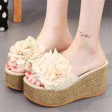 Women 9cm Wedges High Heels Sandals Fashion Beige Green Flowers Peep Toe Thick Sole Slippers Comfortable Outdoor Beach Shoes 2024 - buy cheap