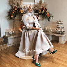 Elegant Khaki Satin Muslim Evening Dresses with Hijab Long Sleeve Ankle Length Arabic Midi Wedding Party Dress Women Formal Gown 2024 - buy cheap