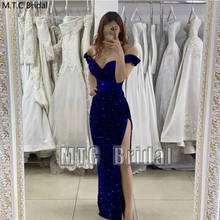 Azul real sereia vestidos de baile alta fenda fora do ombro bling sequin longo vestido formal para árabe feminino vestido de festa à noite 2024 - compre barato