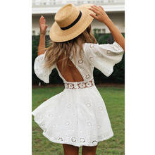 Foridol Sexy Backless White Lace Summer Dress Women O Neck Embriodery Flower Short Boho Beach Dress 2021 Hollow Out Dress 2024 - buy cheap