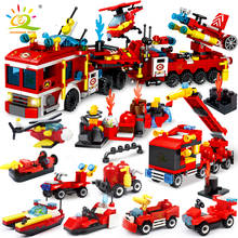 Huiqibao-caminhões de combate a incêndio, modelo de blocos de construção, brinquedo para crianças, equipe de luzes, avião, helicóptero, carro, barco 2024 - compre barato