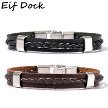 Eif Dock New Punk Braid Leather Bracelet for Men Black and Stainless Steel Clasp Wristband Male Jewelry Vintage Couple Gifts 2024 - buy cheap