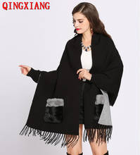 Amostra 2021 poncho de caxemira falsa, poncho feminino com manga longa, lenço vintage e bolso de pele, cachecol de malha grande 2024 - compre barato