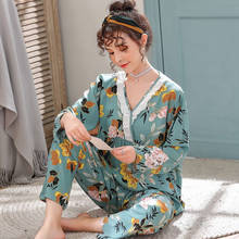 Home service cotton pajamas ladies long sleeve thin section suit Korean loose printed lace Sleepwear pijamas women 2024 - buy cheap