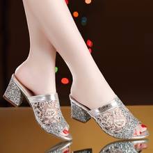 Classic Plus Size Summer Shoes Women Sandals  Slippers Open to Sandals Bling Slipper For Woman Slides Medium Heels Dress Shoes 2024 - buy cheap