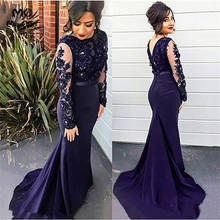 Navy Blue Mermaid Evening Gowns  Lace Long Sleeves Scoop Neck Appliqued Evening Dresses Long Prom Dress 2020 robe de soiree 2024 - buy cheap