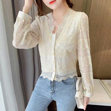 korean fashion clothing Korean version 2020 New Hollow Flowers Long Sleeve Women Shirt V-Neck Lace Blouse Shirt Woman Tops 125 2024 - buy cheap