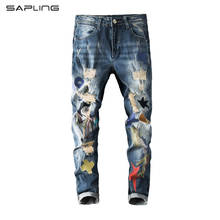 Calça jeans masculina estilo coreano, jeans bordado, designer rasgado, calça lápis elástica masculina hip hop 2024 - compre barato