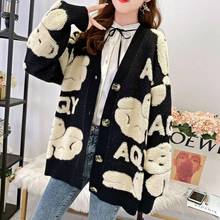 One-Piece Spring And Autumn Women'S Cardigan Jacket Cartoon Printing Loose Sweater Jacket V-Neck Letter Printing Knitted Cardiga 2024 - buy cheap