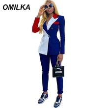 OMILKA Patchwork OL 2 Piece Blazer Set 2021 Autumn Winter Women Blazer and Long Pant Suit Office Lady Work Elegant Outfits 2024 - buy cheap