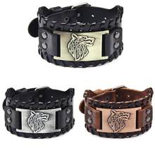 Pulseira masculina de couro trançado, bracelete largo ajustável de couro de lobo estilo nórdico 2024 - compre barato