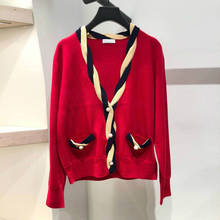 Suéter vermelho de lã com decote em v, cardigã feminino com bolsos em malha, roupa casual e quente 2024 - compre barato