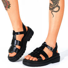 Сандалии женские на массивном каблуке, брендовые босоножки-гладиаторы в стиле панк, с открытым носком, на платформе, с пряжкой и ремешками, обувь для отдыха, цвет черный, лето 2024 - купить недорого